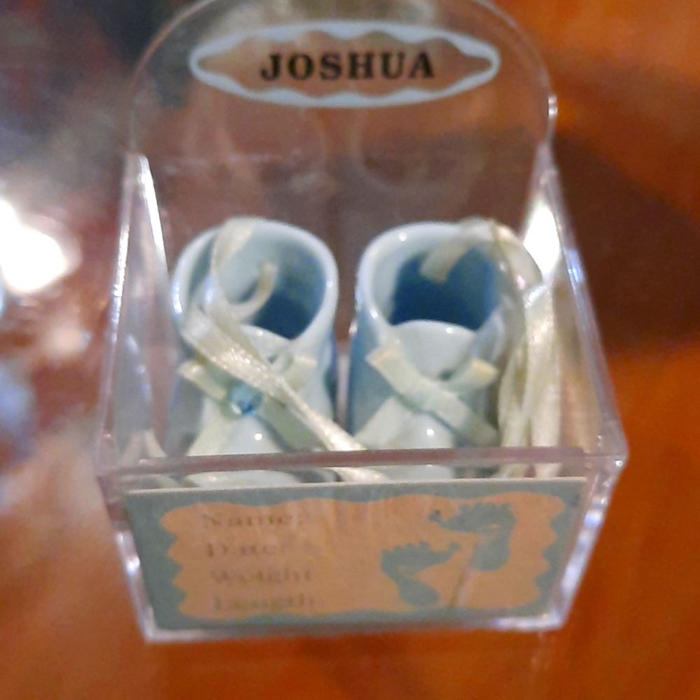Vintage personalized ceramic Joshua keepsake baby shoes